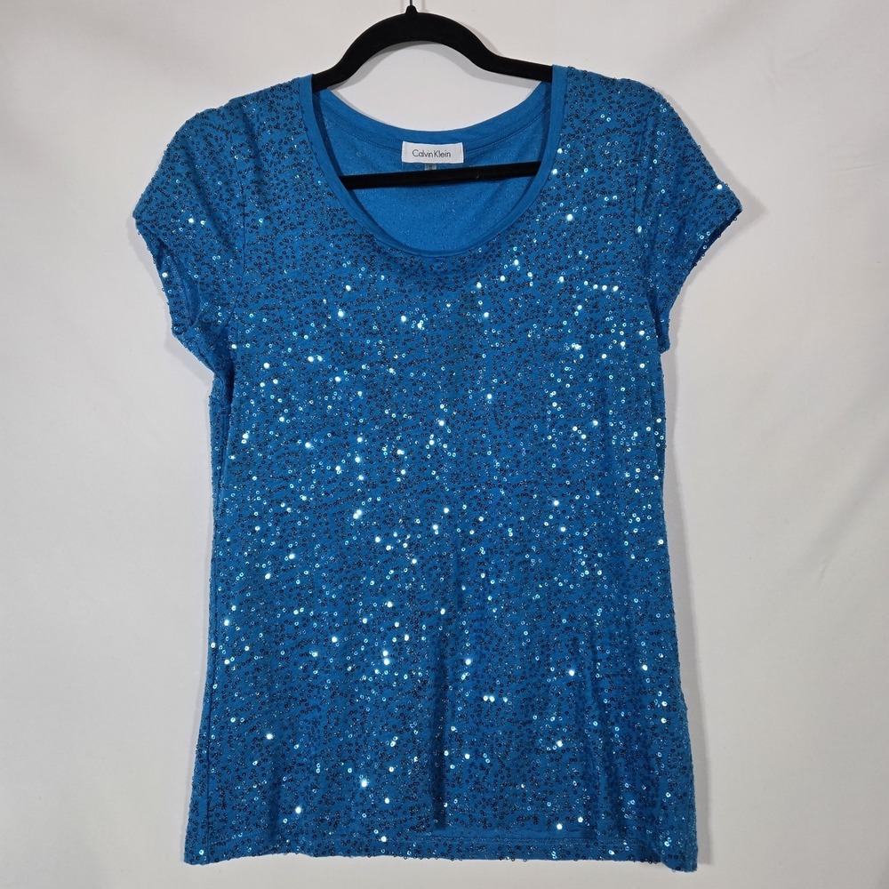 Calvin Klein Blue Sequin Daytime Festival | Short Sleeve TShirt | Size Small
